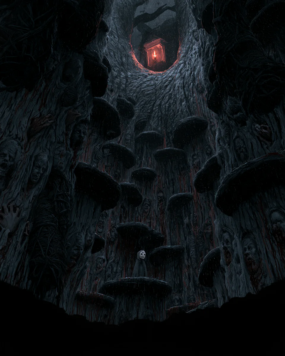 Inside the Hollow Tree, Chapter III of Lazarus: fungus shelves spiral up a hollow trunk full of faces, toward a candle-lit window, and a masked figure waits on the lowest shelf