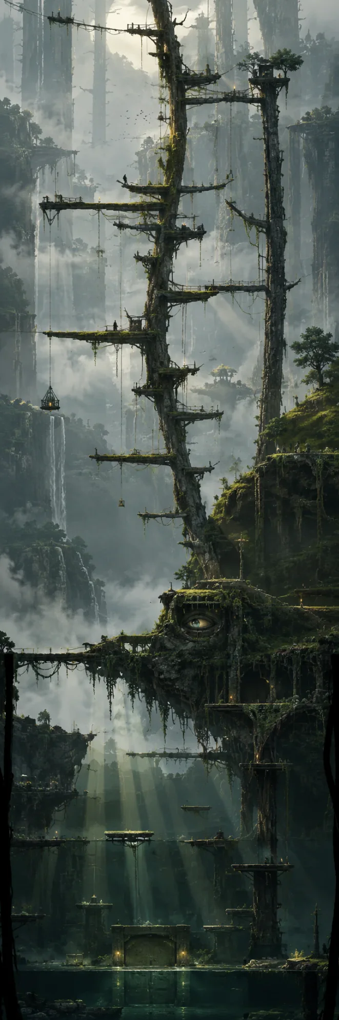 Chapter II of Lazarus, The Overgrowth: mossy platforms grown into giant dead trees, rope bridges and lanterns in the mist