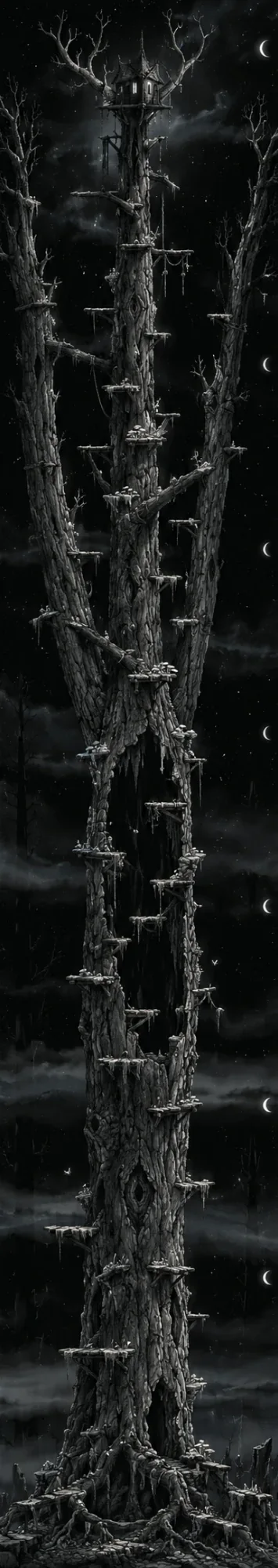Chapter III of Lazarus, The Hollow Tree: one enormous dead tree in a storm, a house in its crown and platforms up its trunk