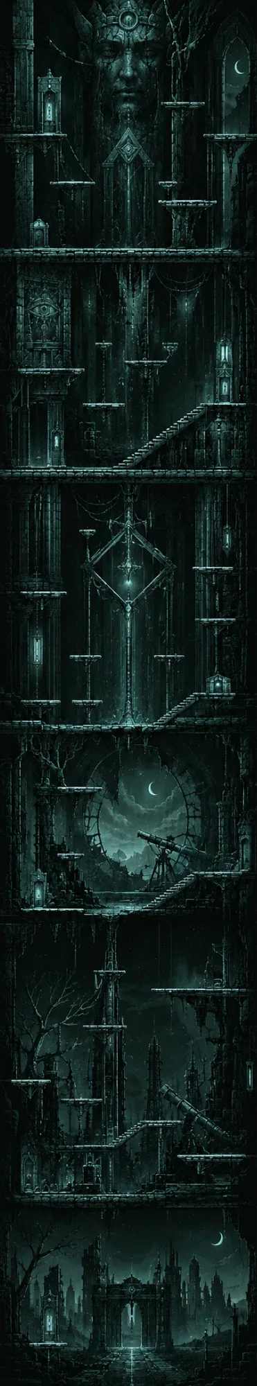 Chapter V of Lazarus, The Observatory: a cathedral of green-lit stone stacked to the sky around a round window and a telescope